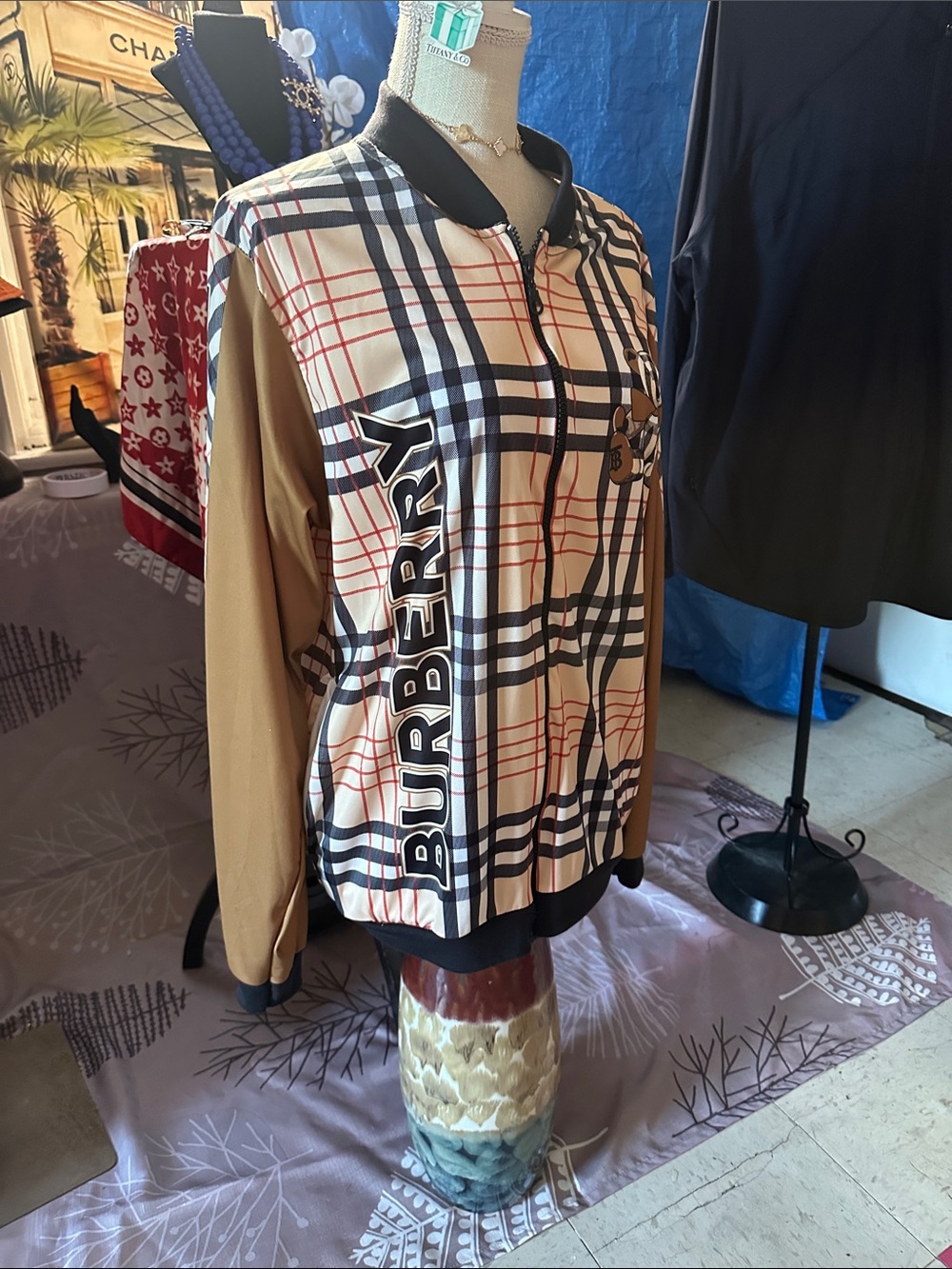 Burberry Beige Plaid Bomber Jacket with Tan Sleeves